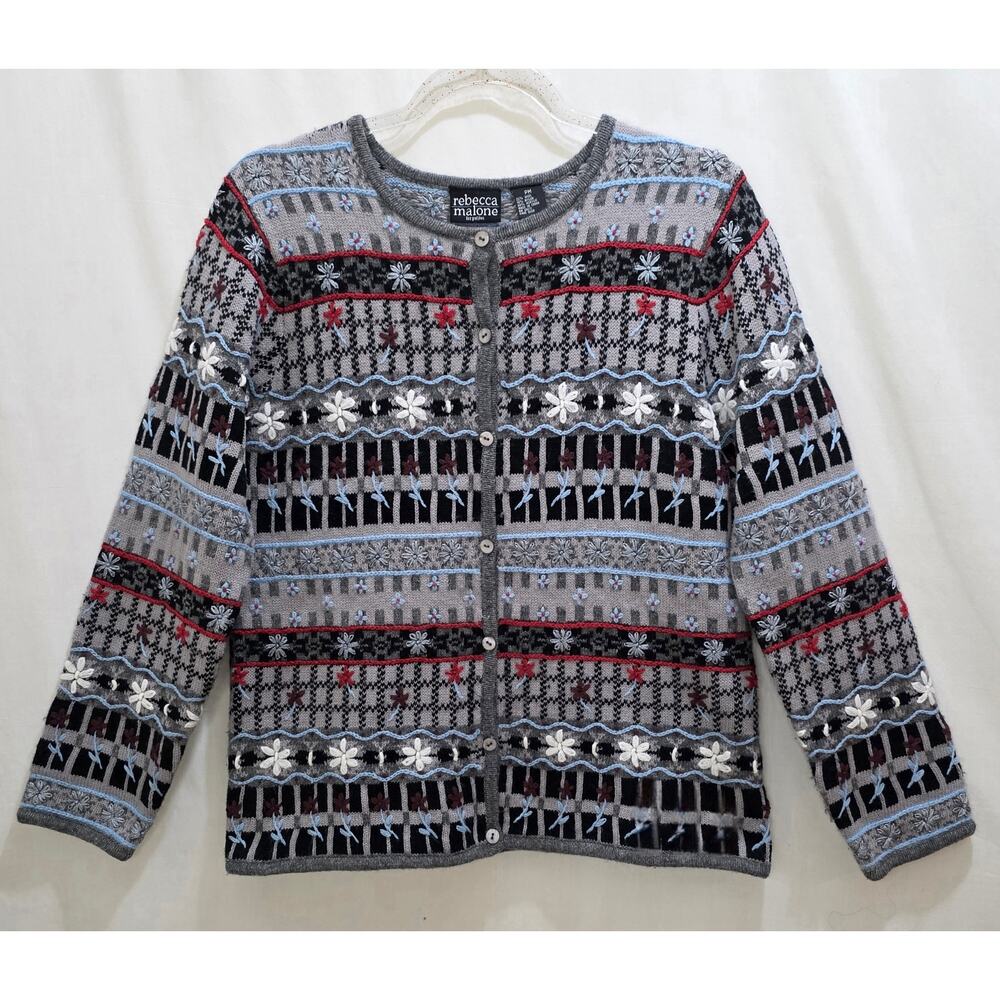 Vintage Rebecca Malone Floral Grannycore Cabincore Wool Blend Cardigan Medium PT